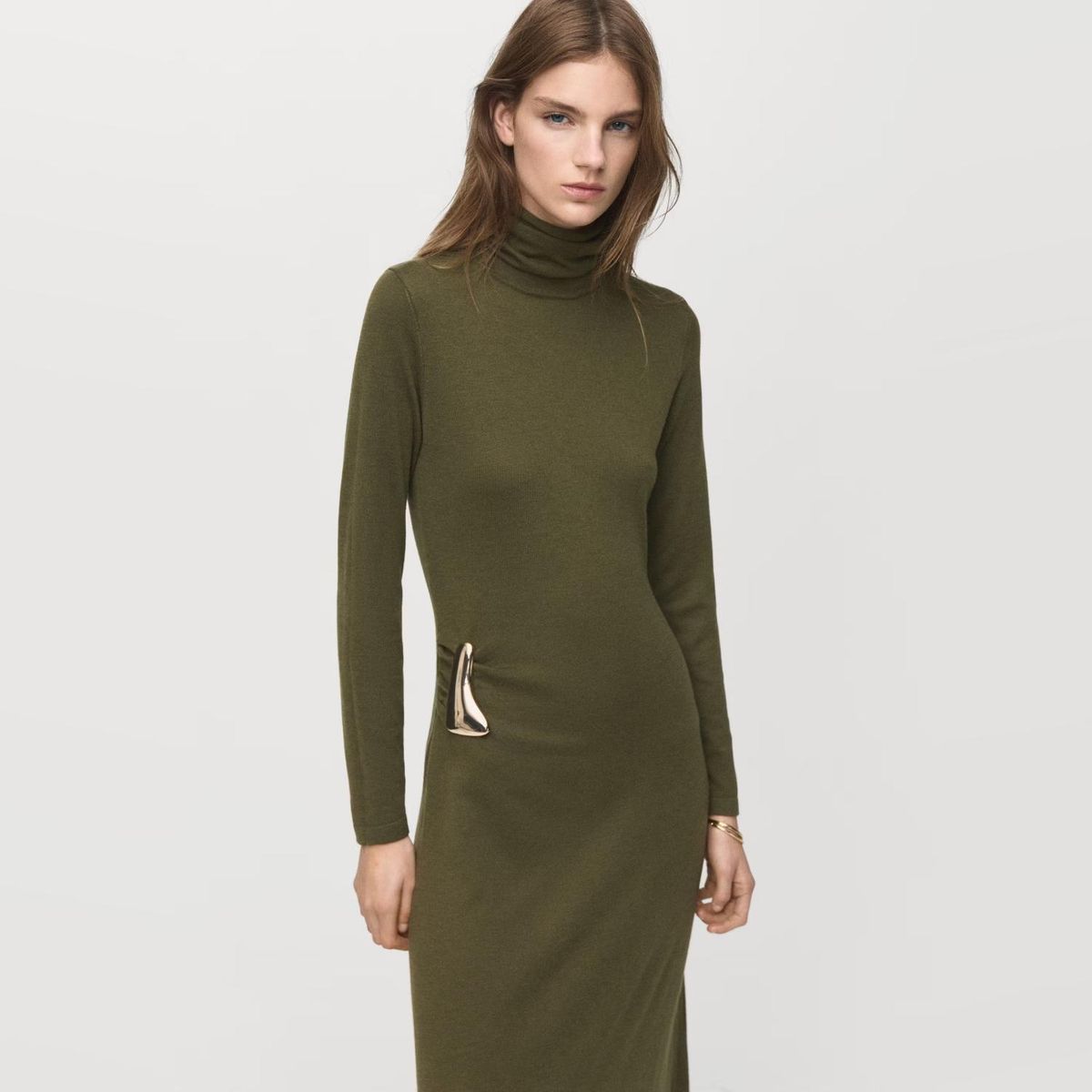 MANGO - Vestido Punto Cuello Alto Broche Mujer Mango