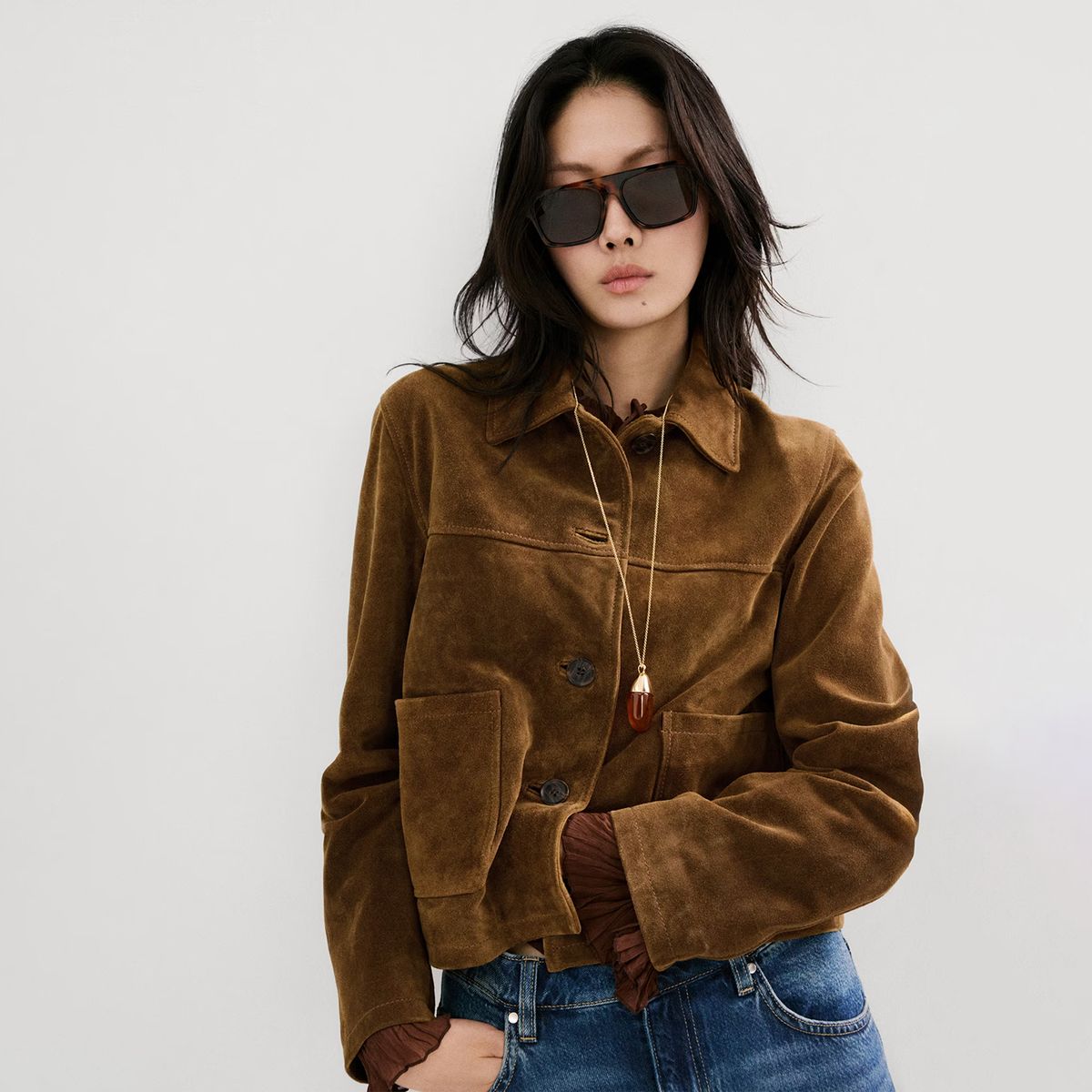 MANGO - Chaqueta Piel Serraje Botones Mujer Mango