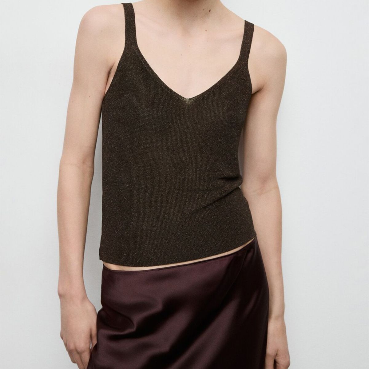 MANGO - Polera Punto Lúrex Cuello Pico Mujer Mango