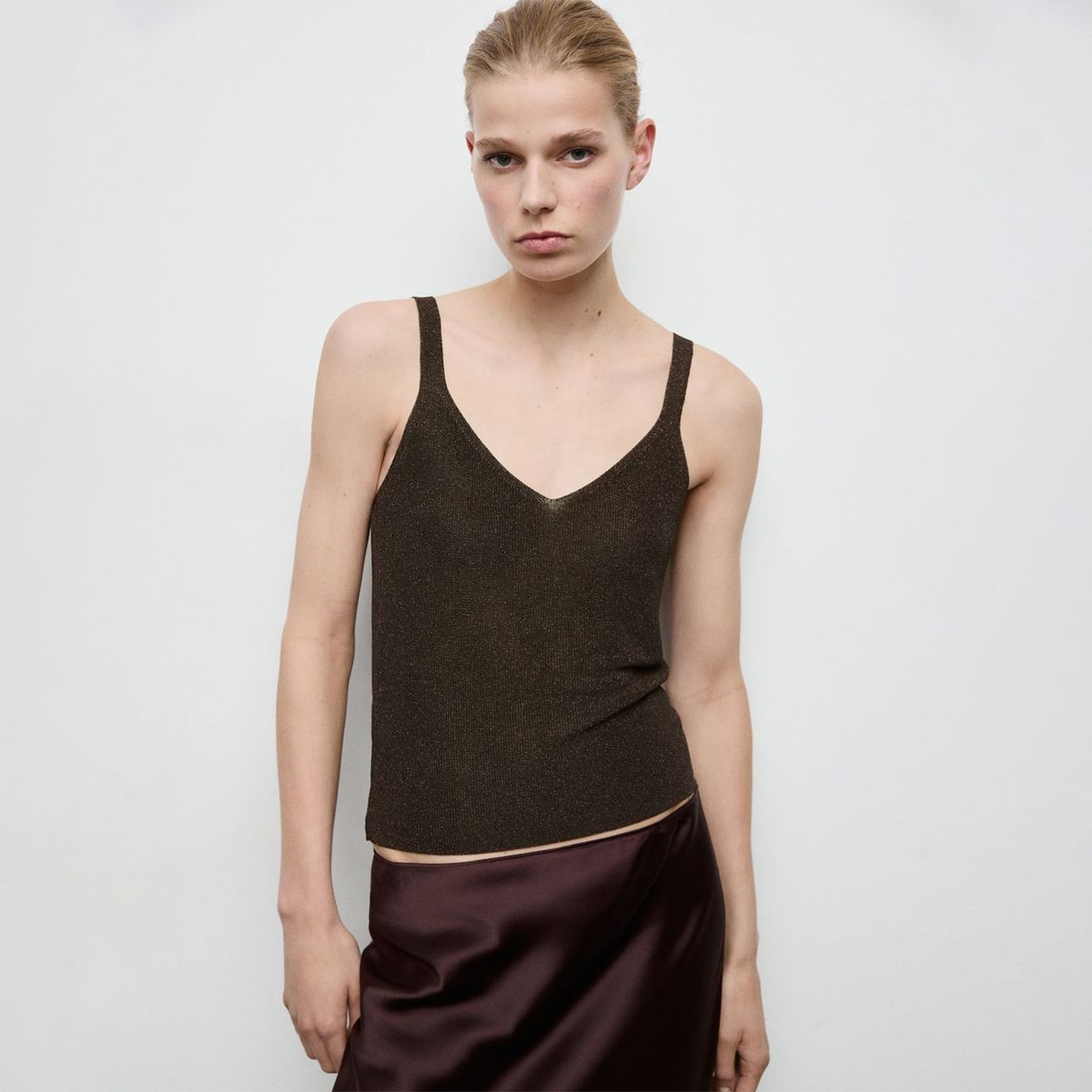 MANGO - Polera Punto Lúrex Cuello Pico Mujer Mango