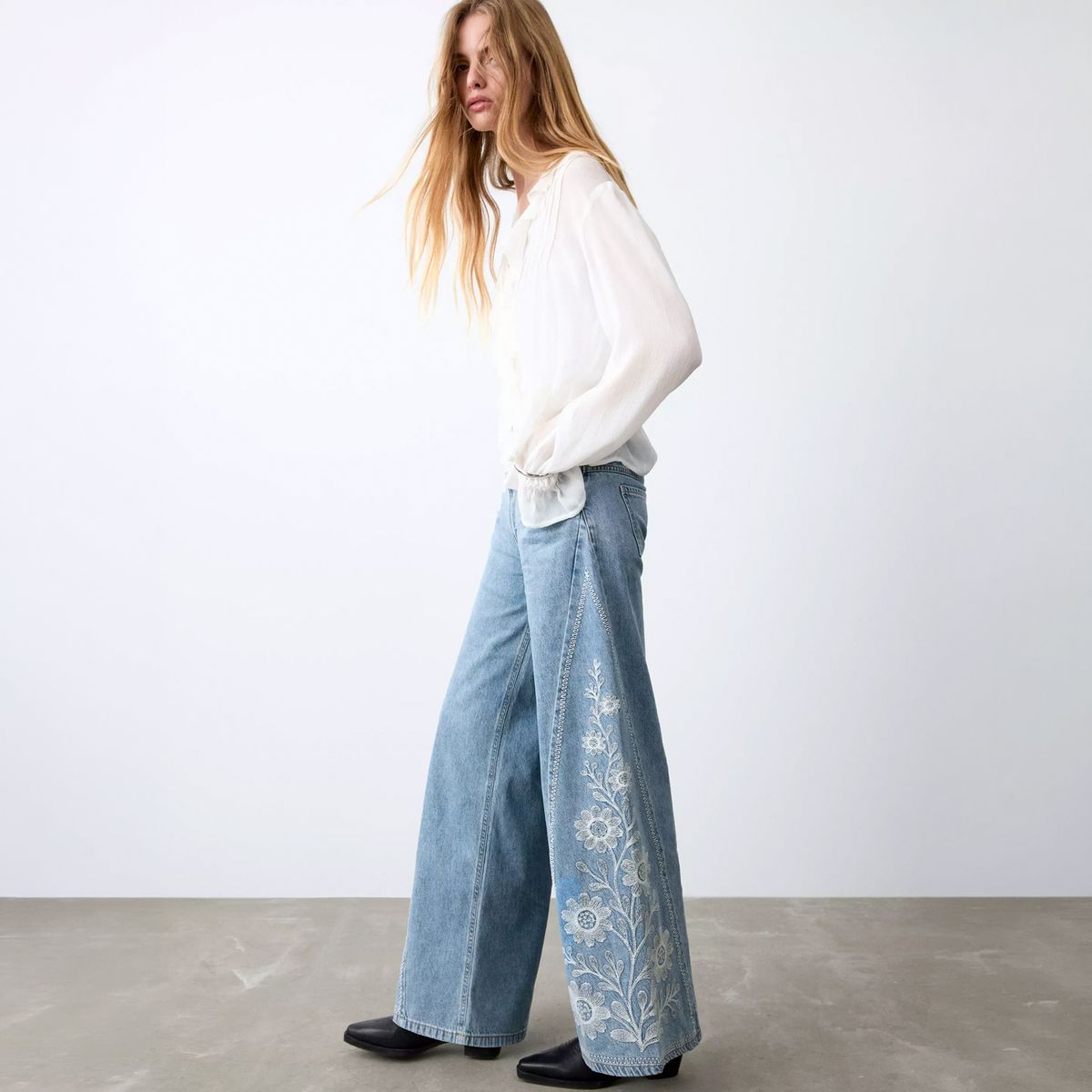 MANGO TEEN - Jeans Wide Leg Bordado Flores Mujer Mango Teen