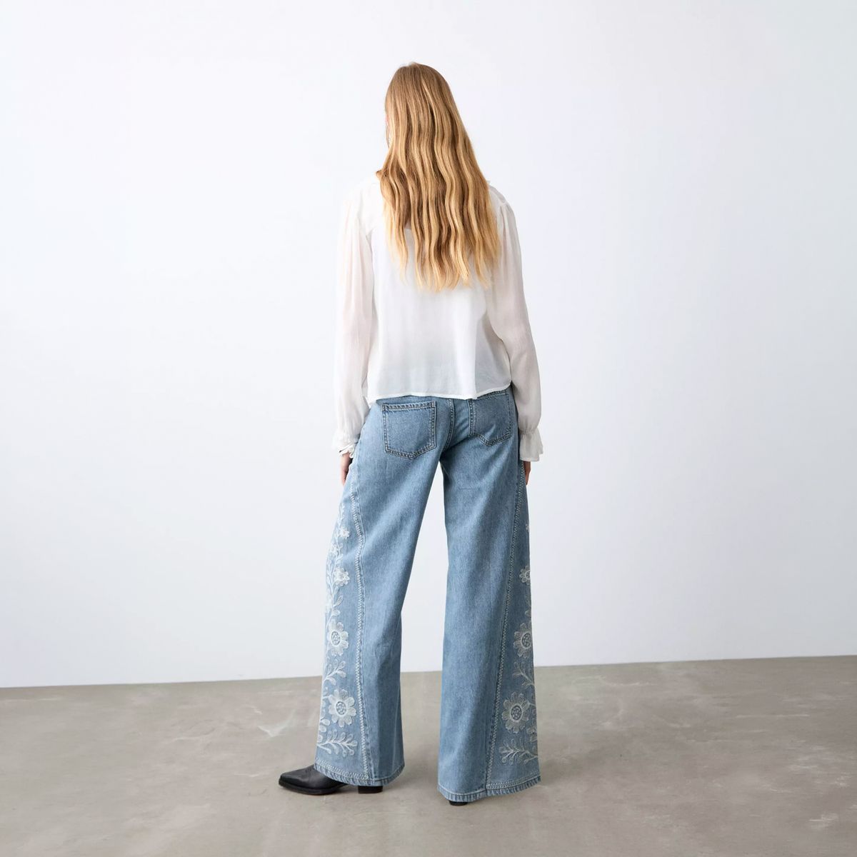 MANGO TEEN - Jeans Wide Leg Bordado Flores Mujer Mango Teen