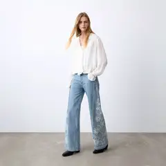 MANGO TEEN - Jeans Wide Leg Bordado Flores Mujer