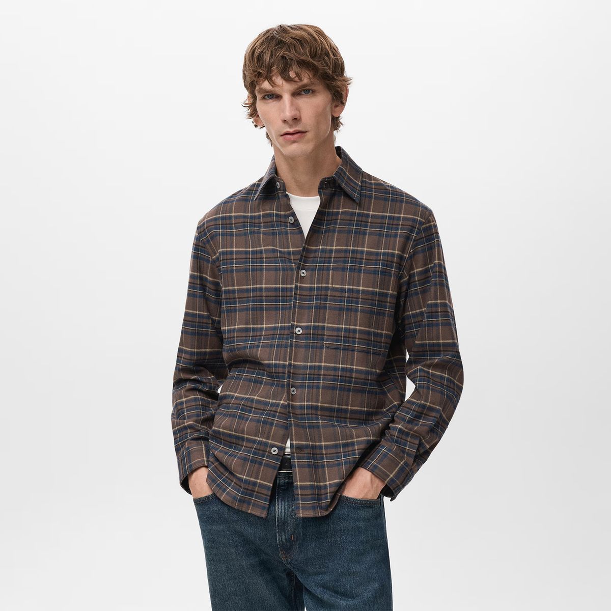 MANGO MAN - Camisa 100% Algodón Franela Cuadros Hombre Mango Man