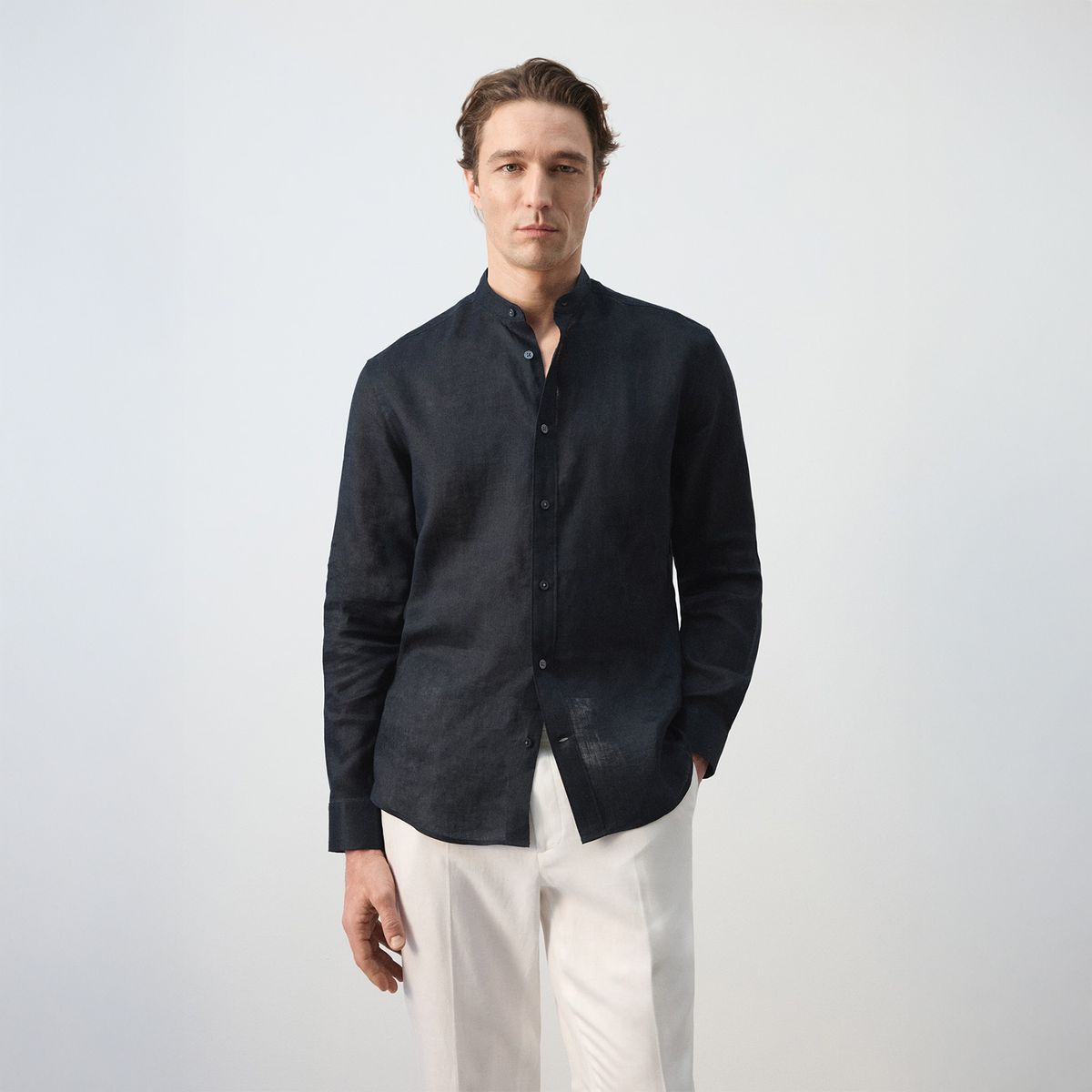 MANGO MAN - Camisa 100% Lino Cuello Mao Hombre Mango Man