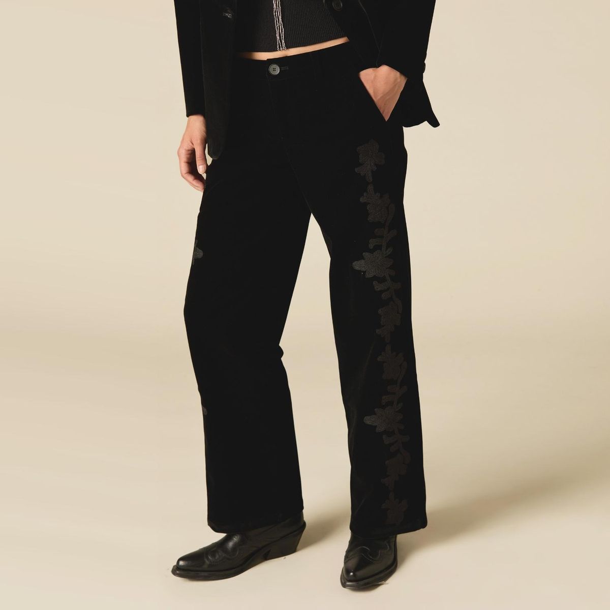 NICOLI - Pantalón Bordado Terciopelo Mujer Nicoli