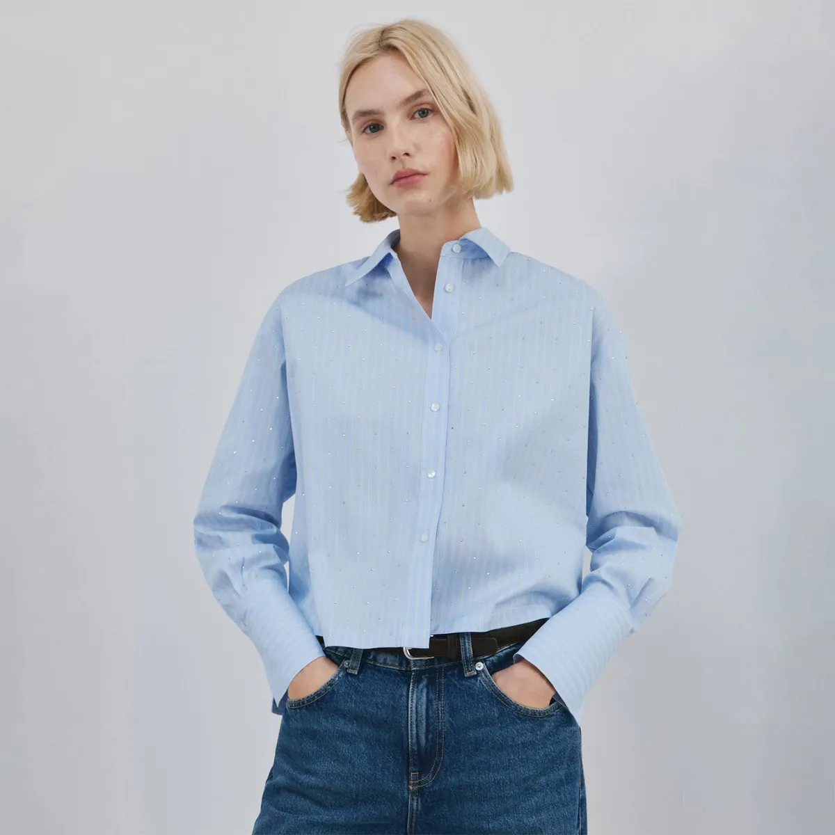 MANGO - Camisa Crop Rayas Strass Mujer Mango