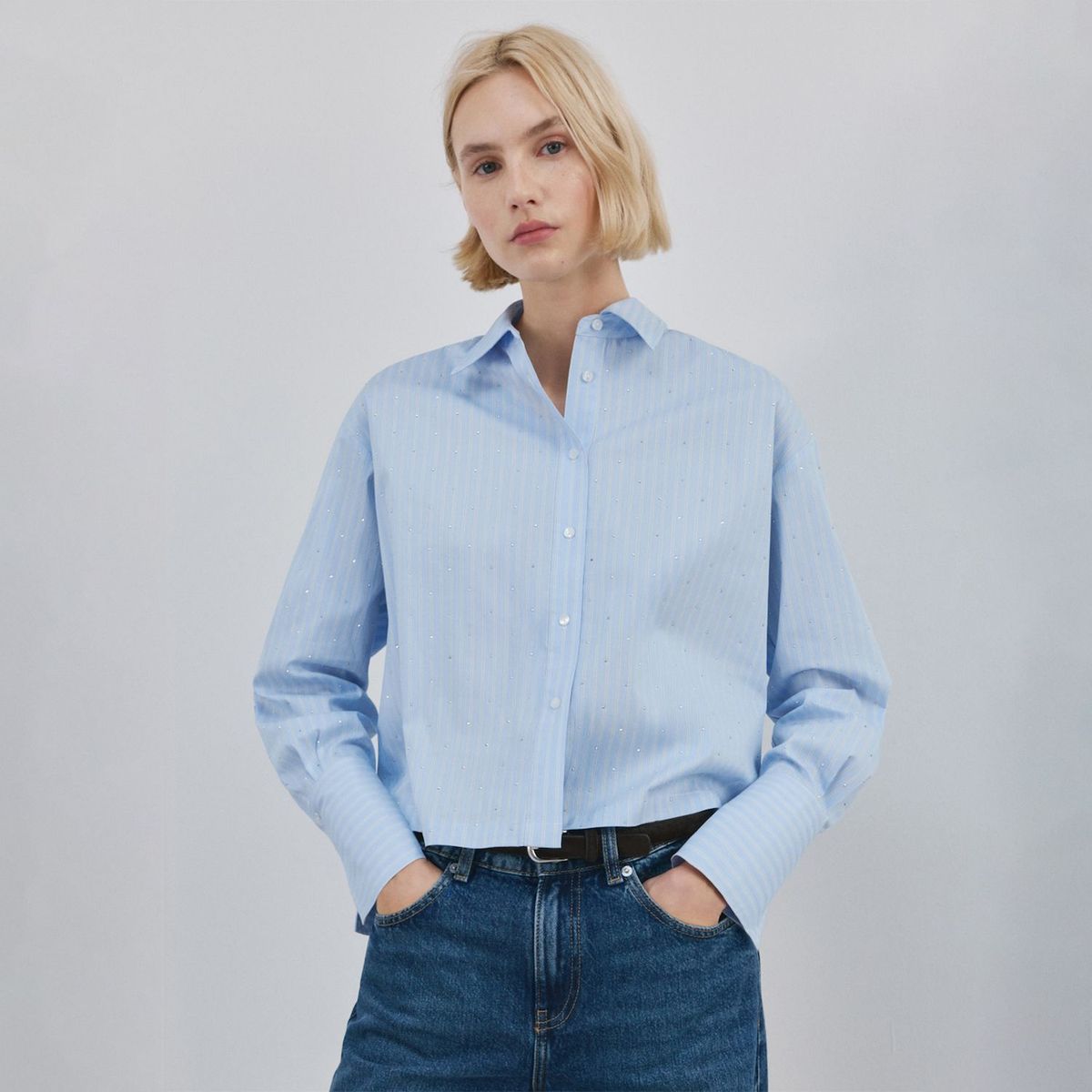 MANGO - Camisa Crop Rayas Strass Mujer Mango