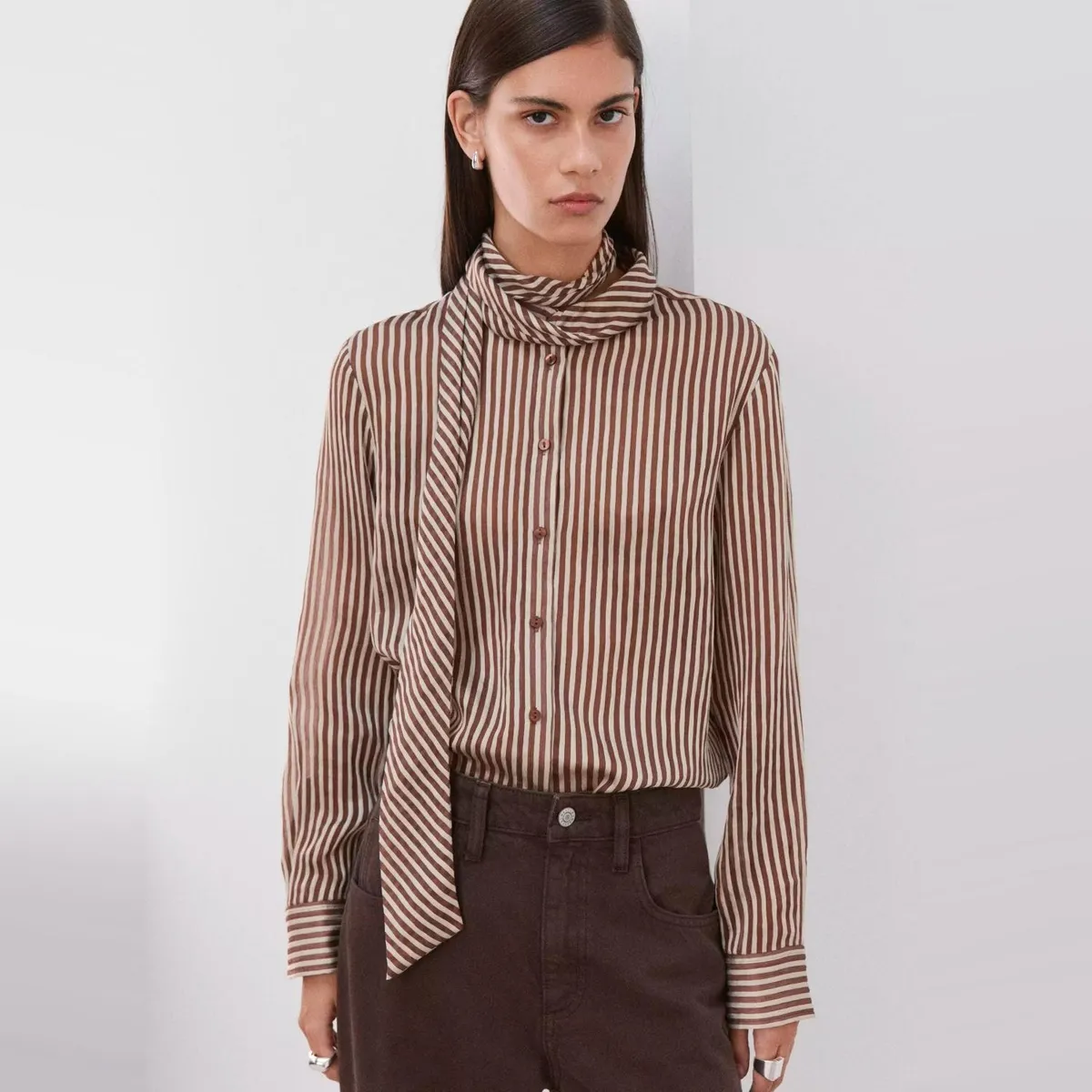 MANGO - Blusa Rayas Cuello Lazo Mujer Mango