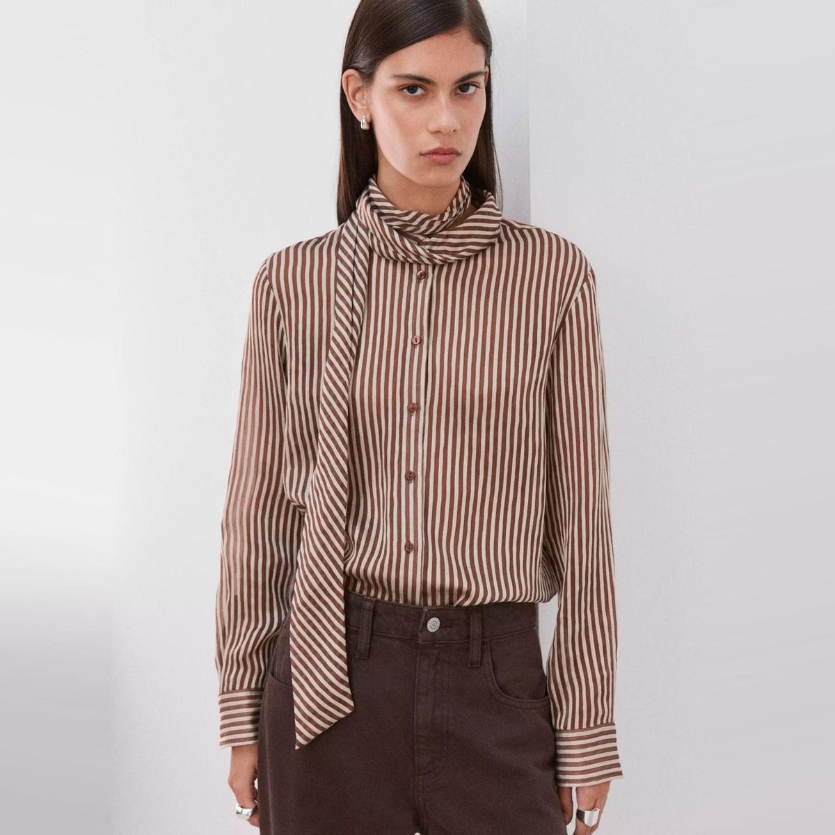 MANGO - Blusa Rayas Cuello Lazo Mujer Mango