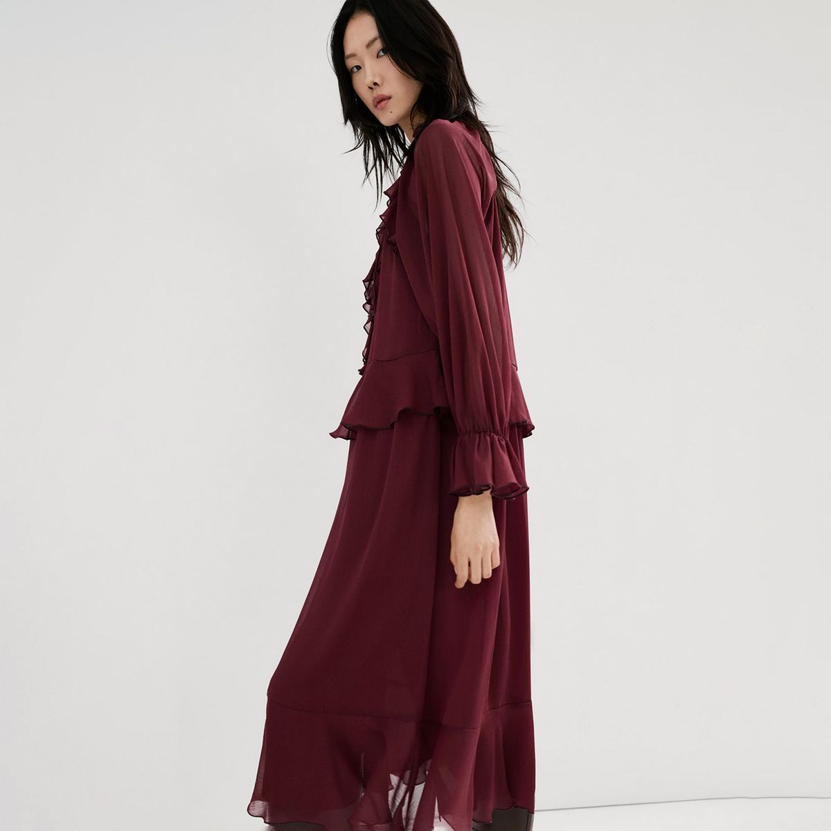 MANGO - Vestido Largo Volantes Mujer Mango