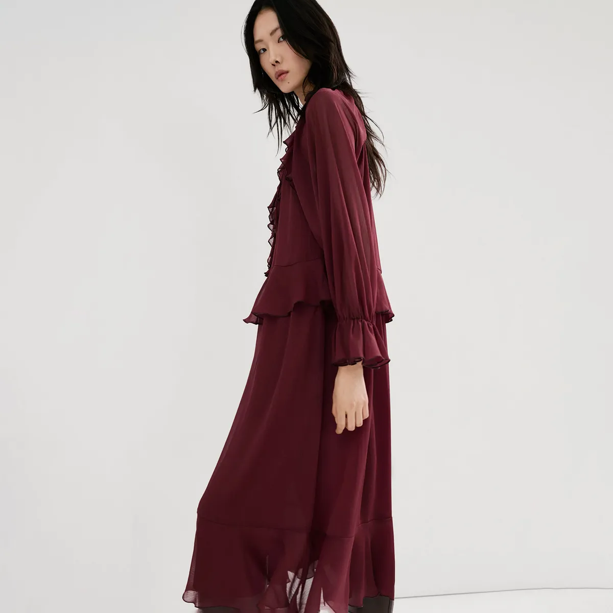 MANGO - Vestido Largo Volantes Mujer Mango