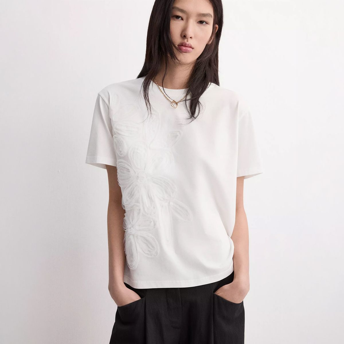 MANGO - Polera Algodón Bordado Floral Mujer Mango