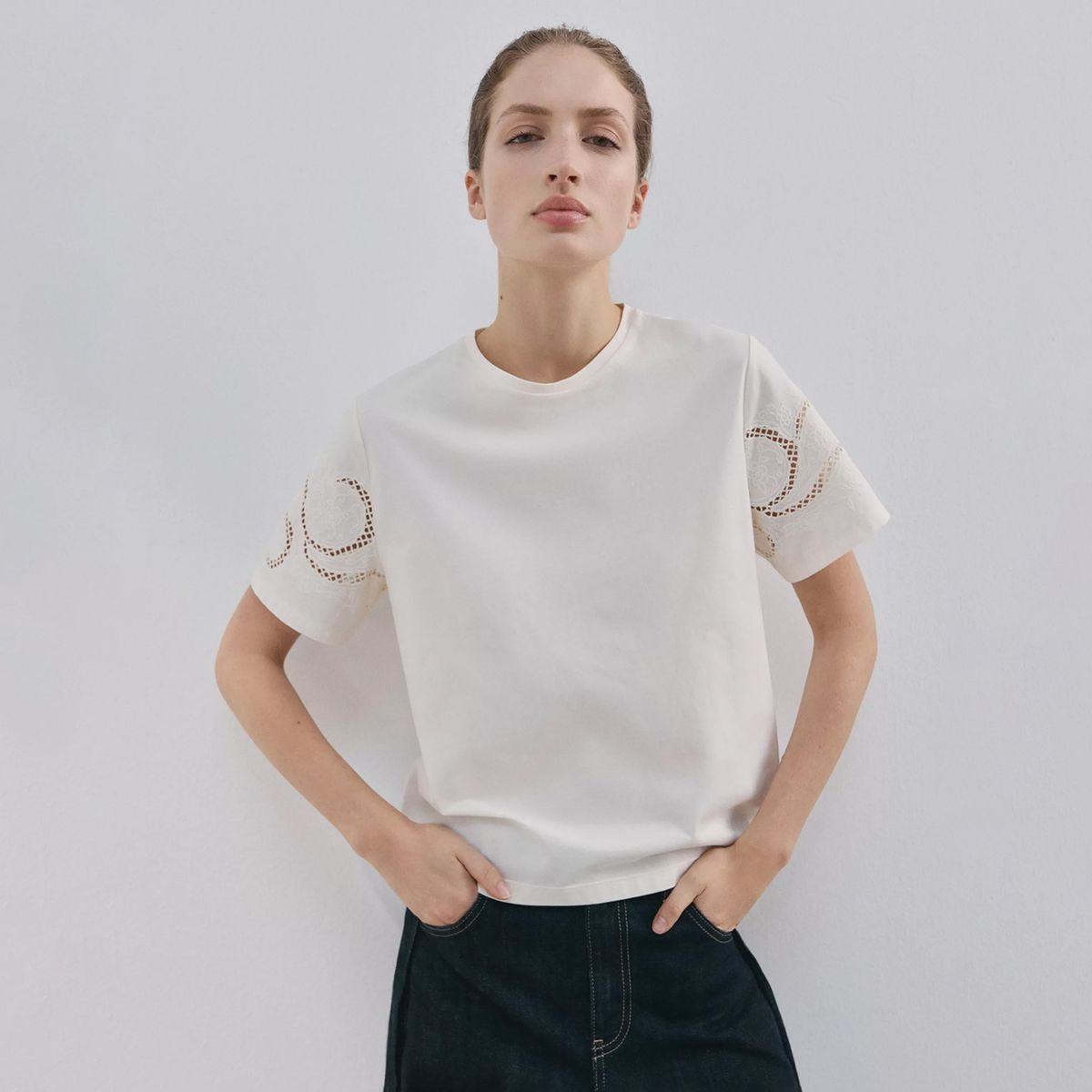 MANGO - Polera Algodón Calados Bordados Mujer Mango