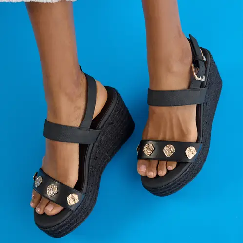 LOLA CASADEMUNT - Sandalia Mujer Negro Plataforma Apliques Dorados