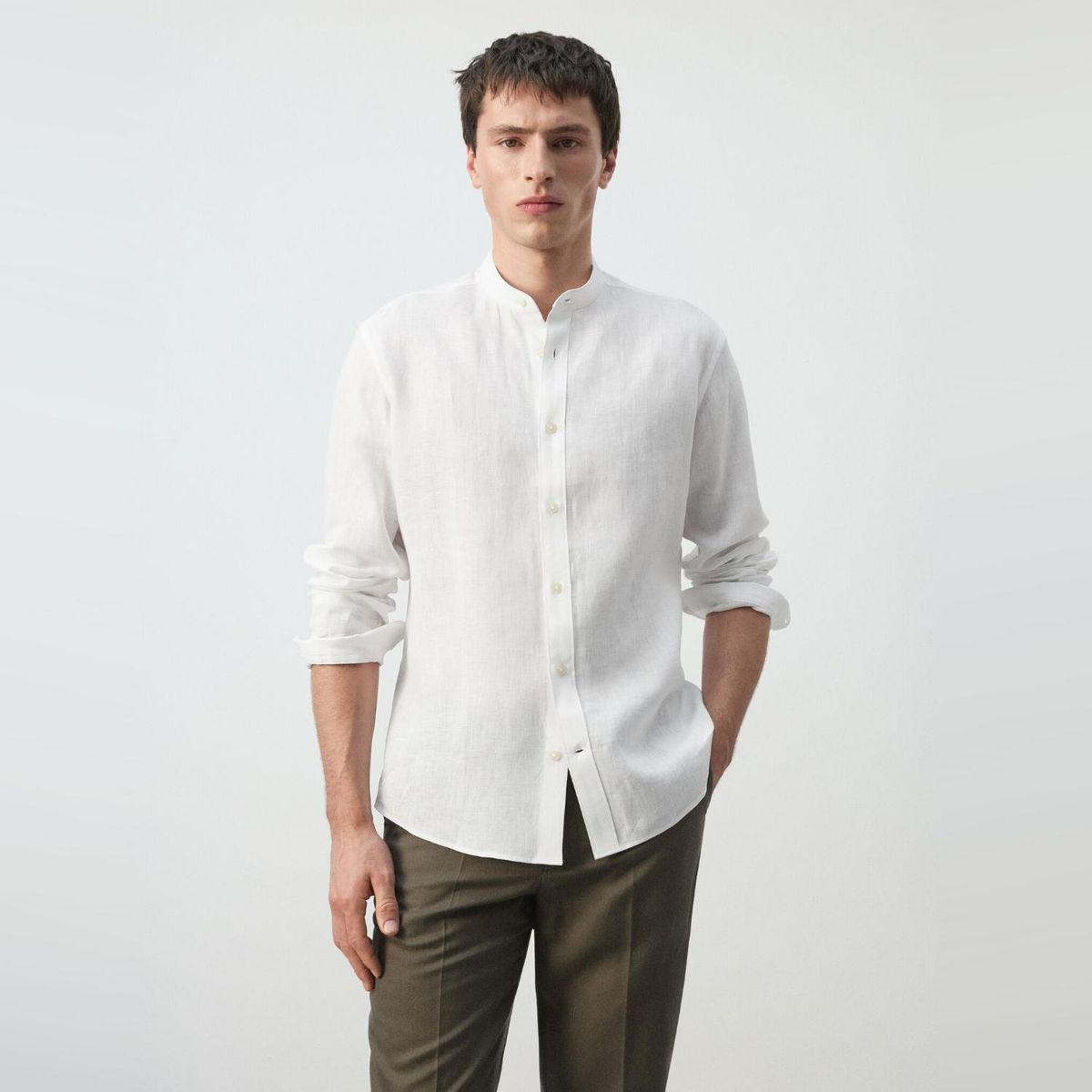 MANGO MAN - Camisa 100% Lino Cuello Mao Hombre Mango Man