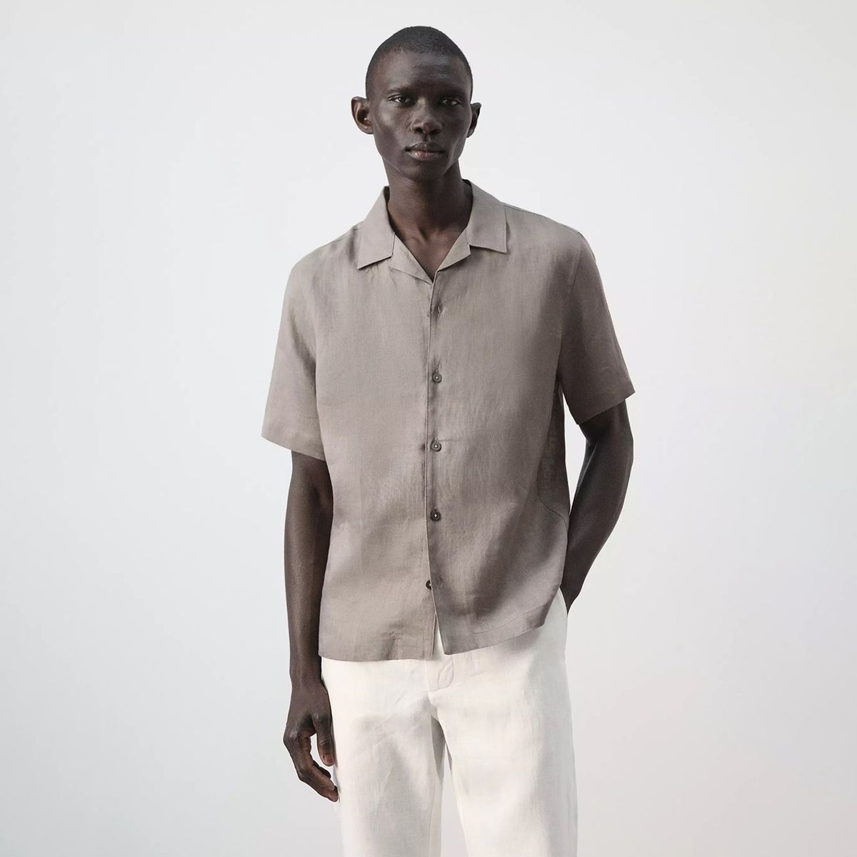 MANGO MAN - Camisa 100% Lino Cuello Bowling Hombre Mango Man