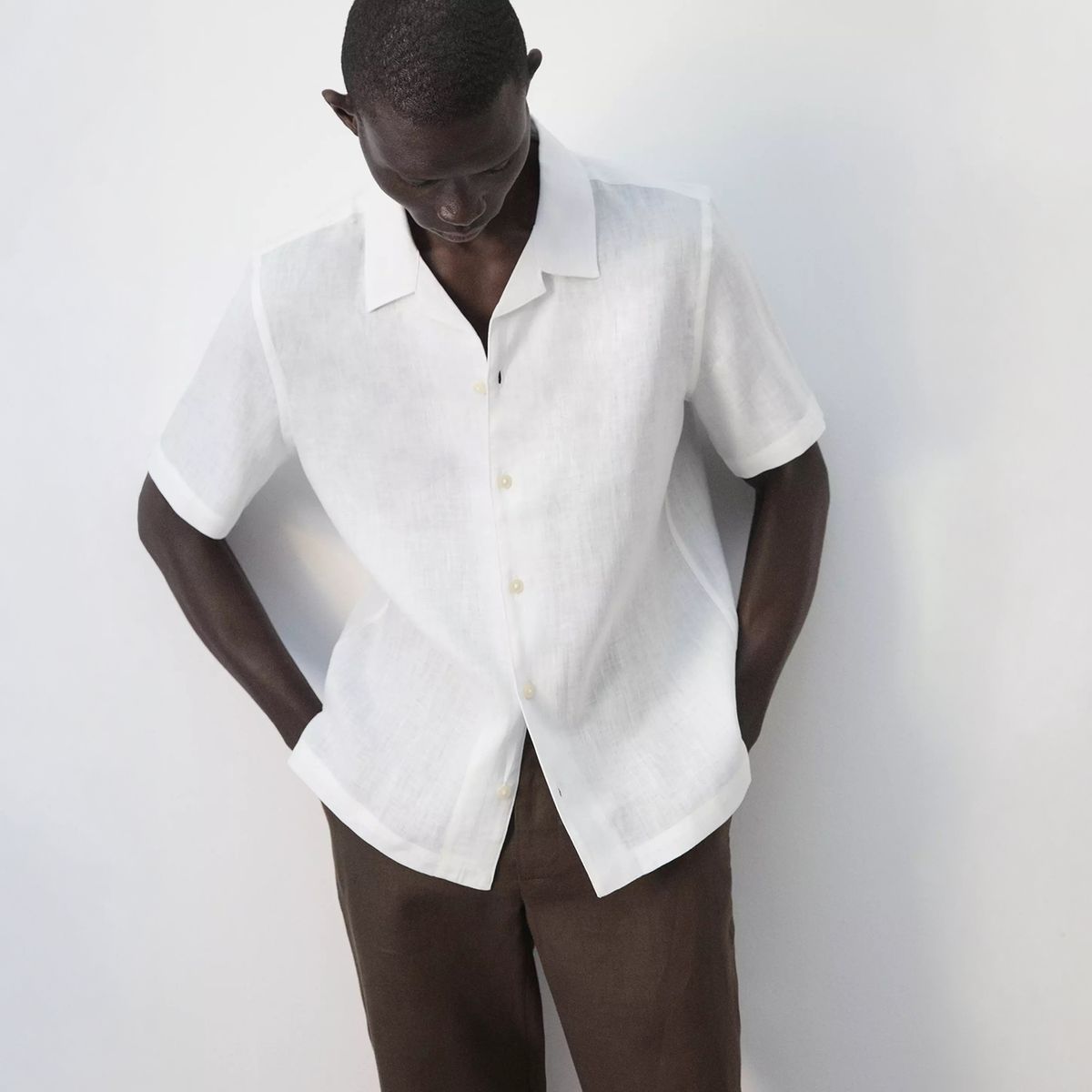 MANGO MAN - Camisa 100% Lino Cuello Bowling Hombre Mango Man