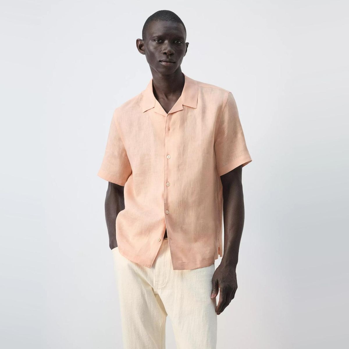 MANGO MAN - Camisa 100% Lino Cuello Bowling Hombre Mango Man