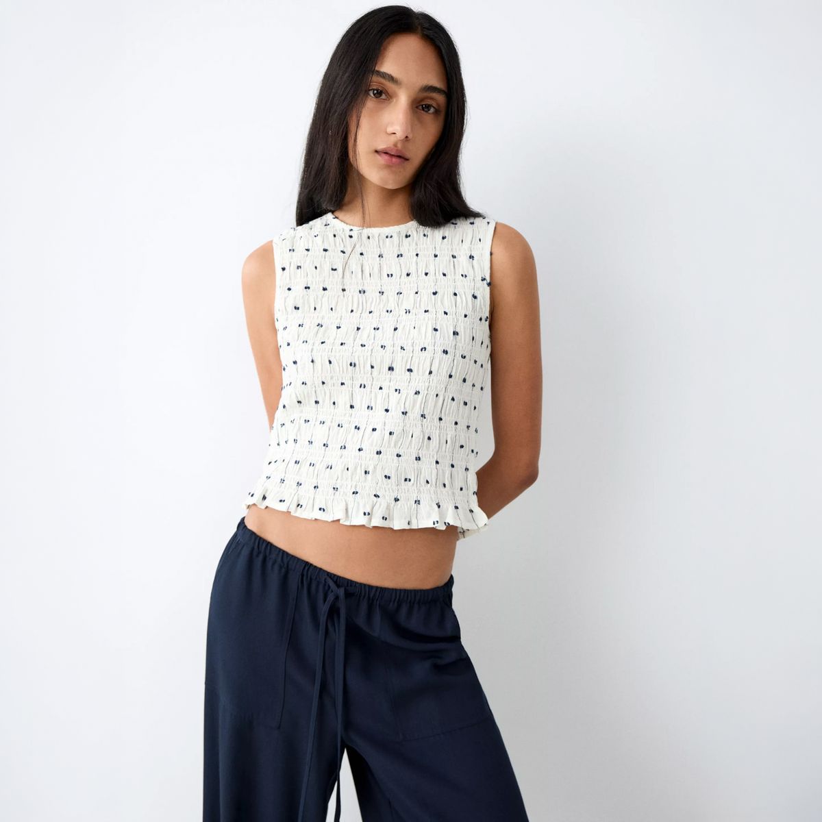 MANGO TEEN - Top Fruncido Bordado Mujer Mango Teen