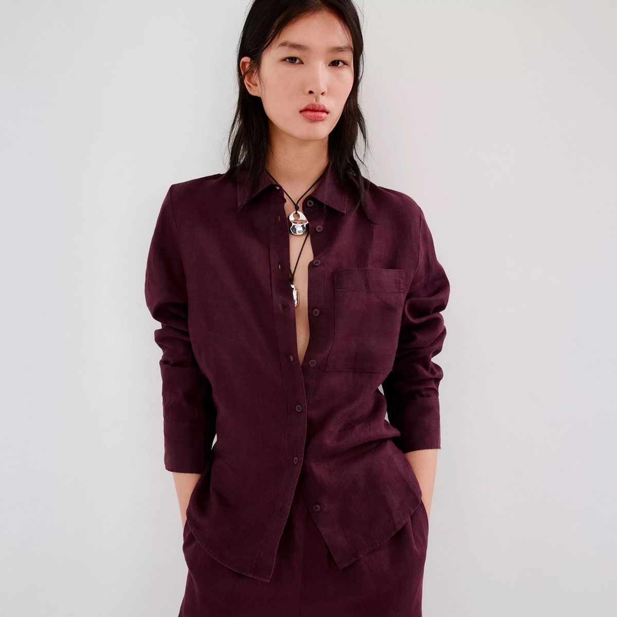 MANGO - Camisa Lino Bolsillo Mujer Mango