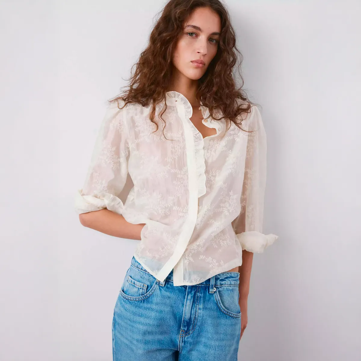 MANGO - Blusa Lyocell Bordado Floral Mujer Mango