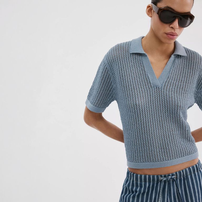 Sweater Punto Calado Cuello Polo Mujer