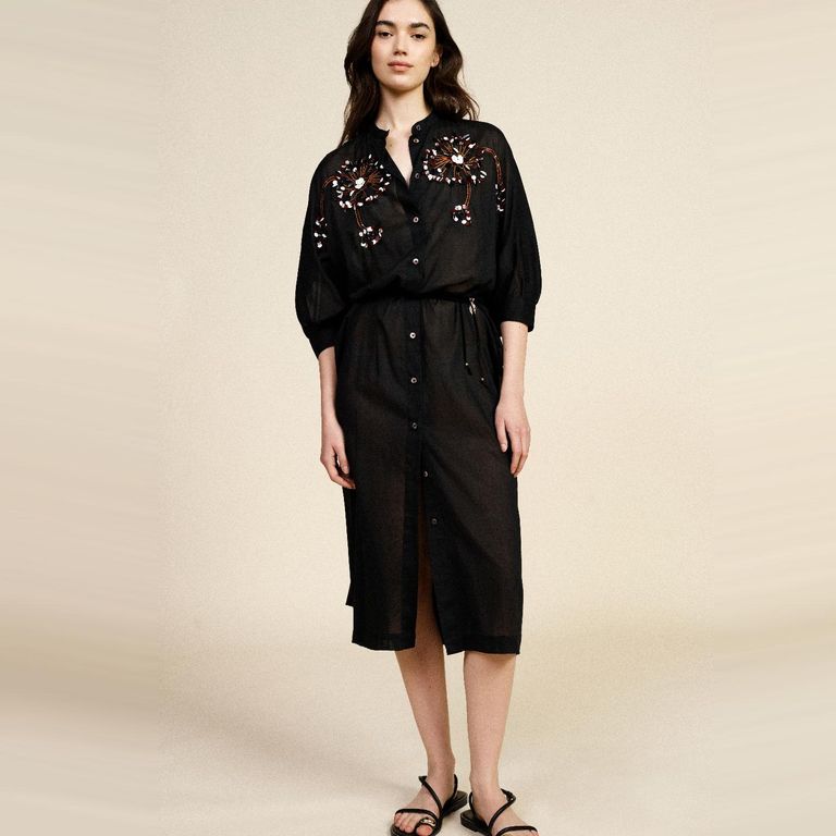 Vestido Camisero Bordados 100% Algodón Mujer