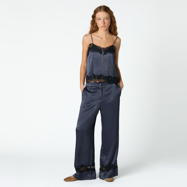Pantalón Satinado Detalle Encaje Mujer