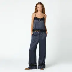 NICOLI - Pantalón Satinado Detalle Encaje Mujer