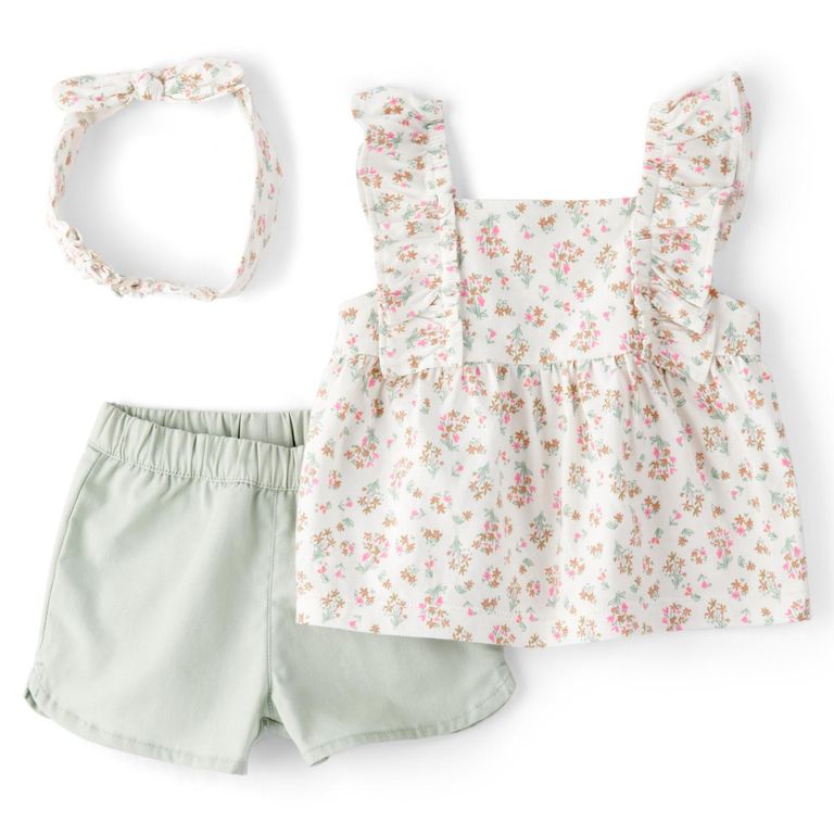 Conjunto 3 Piezas Blusa, Cintillo y Short Bebé Niña