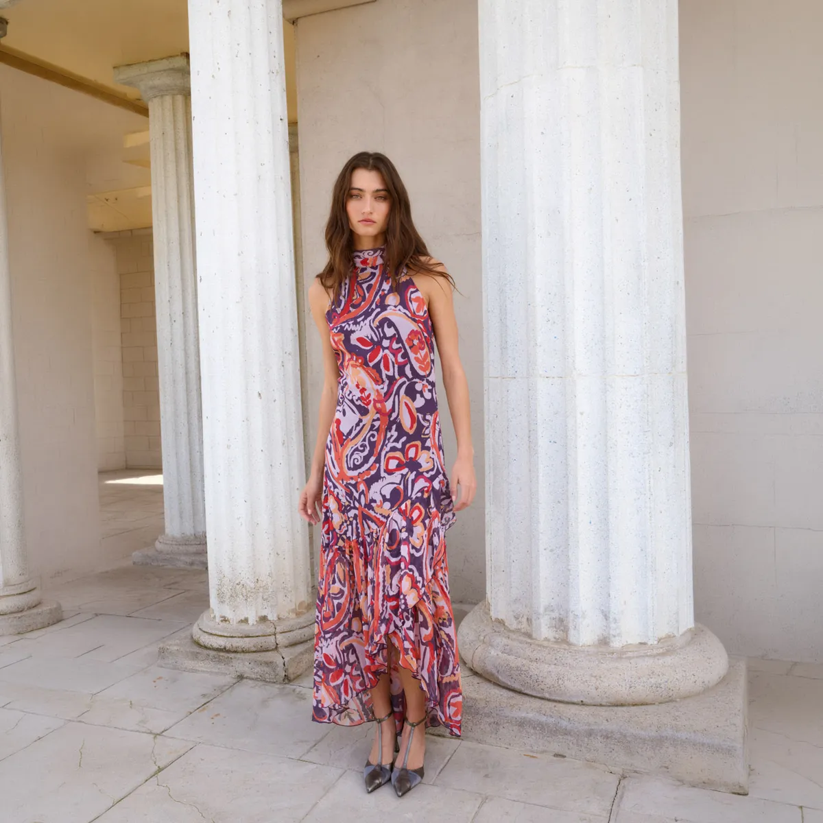 MATELIER - Vestido Cuello Halter Drapeado Estampado Mujer Matelier