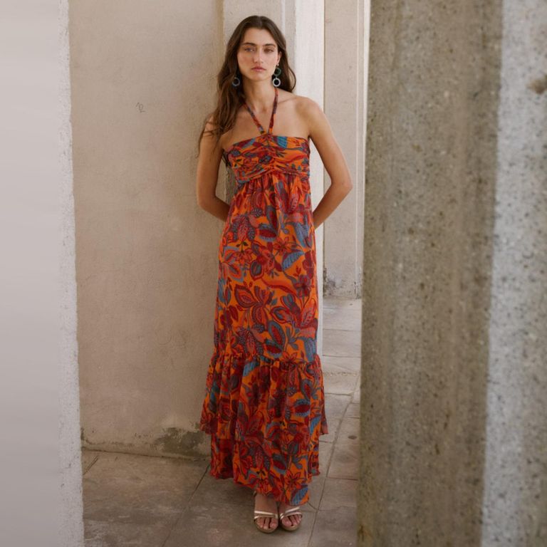 Vestido Escote Drapeado Estampado Mujer