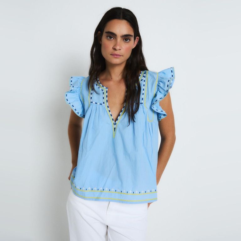 Blusa Manga Corta Bordados 100% Algodón Mujer