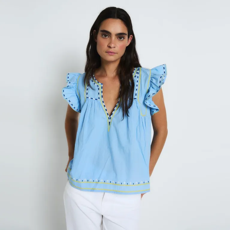 Blusa Manga Corta Bordados 100% Algodón Mujer