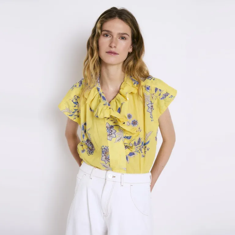 Blusa Manga Corta Estampado Floral 100% Algodón Mujer