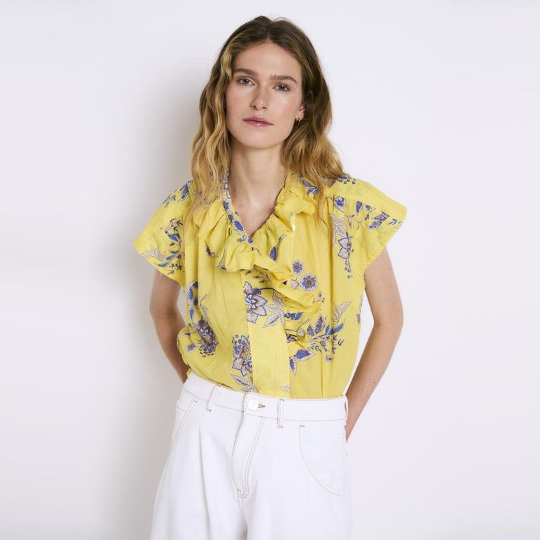 Blusa Manga Corta Estampado Floral 100% Algodón Mujer