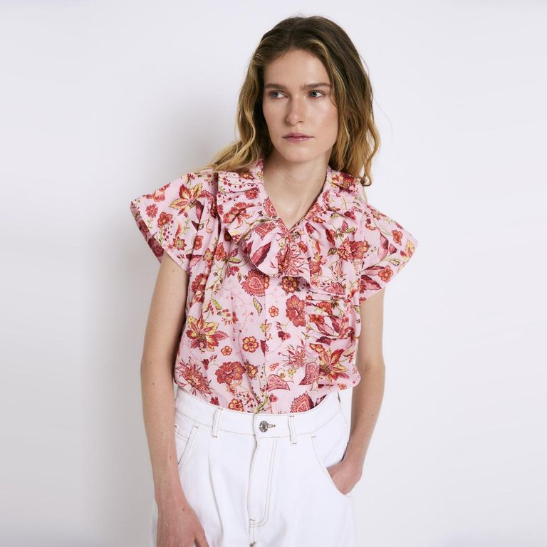 Blusa Manga Corta Estampado Floral 100% Algodón Mujer