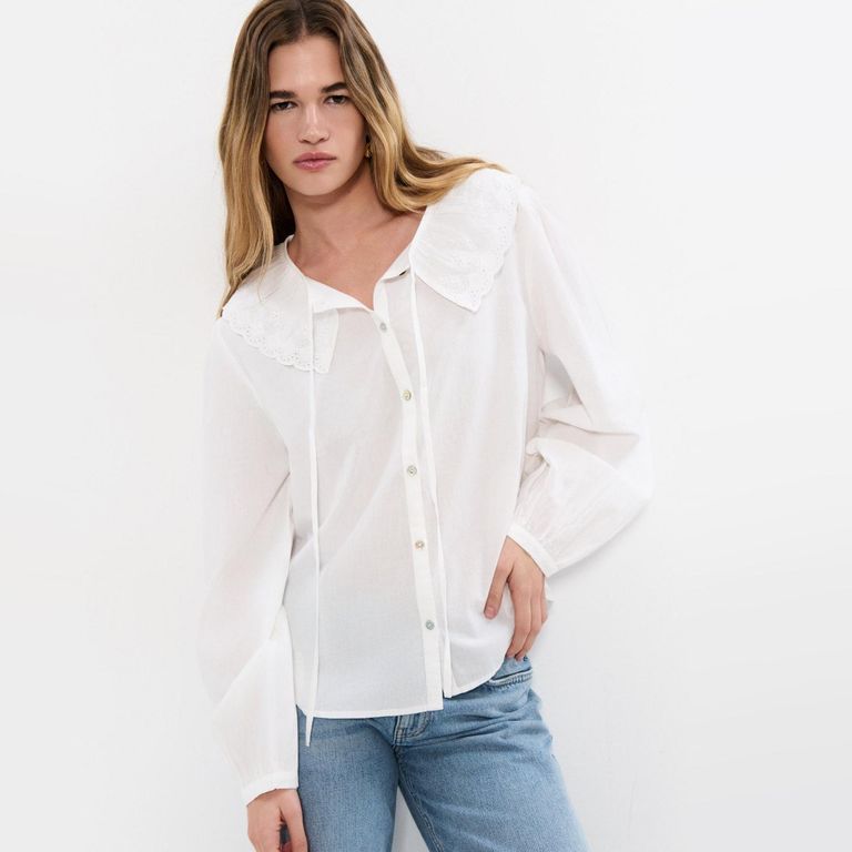 Blusa Bordados Cuello 100% Algodón Mujer