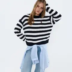 BROWNIE - Sweater Trenzas Rayas Perro Bordado Mujer