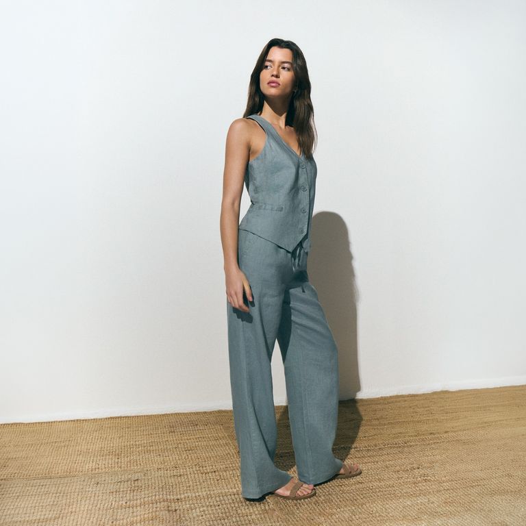 Pantalón Fluido Bolsillo Parche 100% Lino Mujer