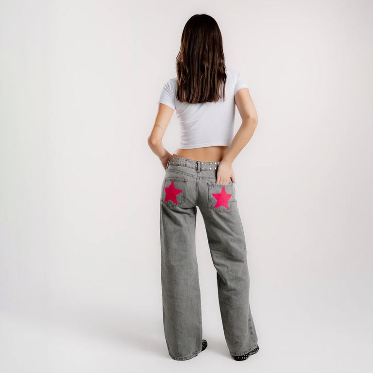 Jeans Pink Stars Gris Tiro Bajo Mujer