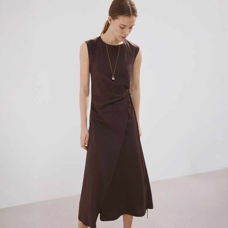 Vestido Mezcla Lino Cruzado Mujer