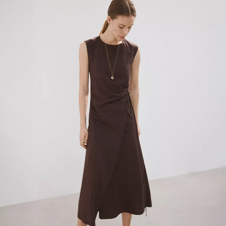 Vestido Mezcla Lino Cruzado Mujer