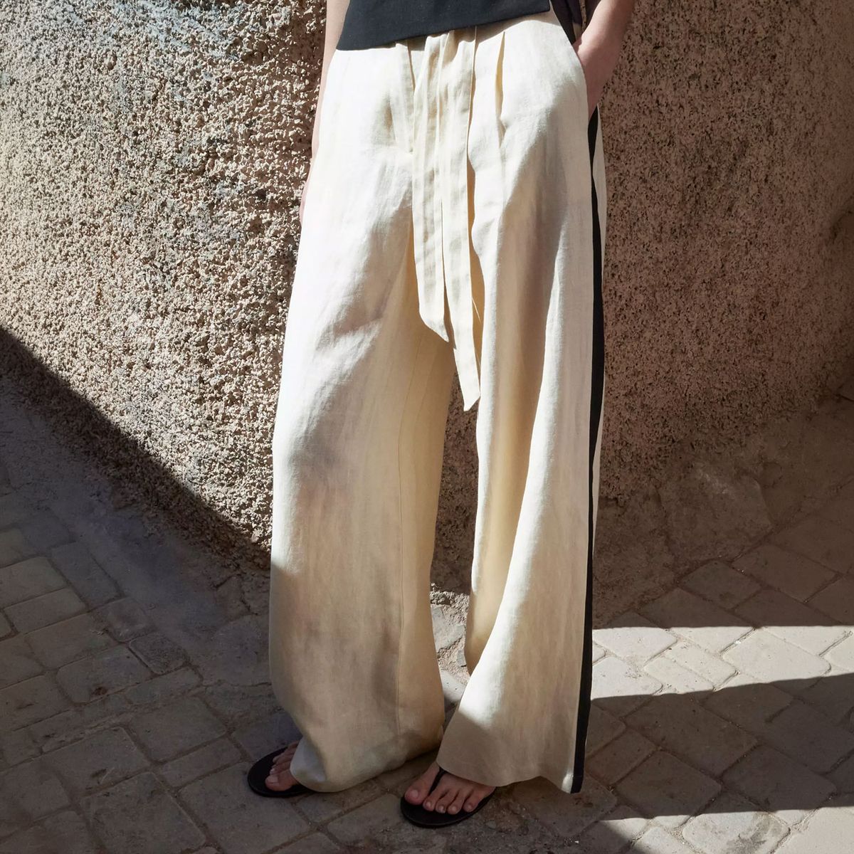 MANGO - Pantalón Lino Rayas Contraste Mujer Mango