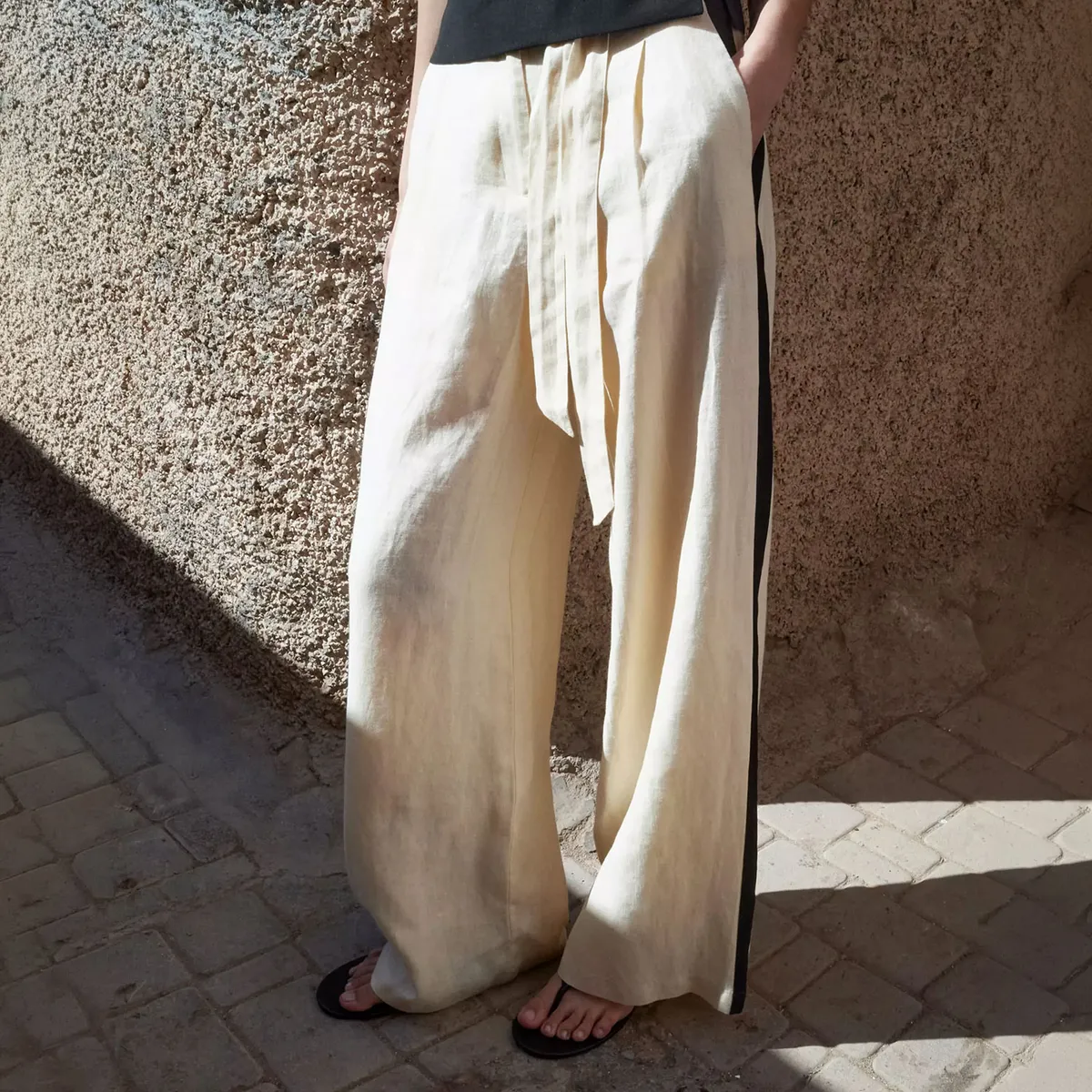 MANGO - Pantalón Lino Rayas Contraste Mujer Mango