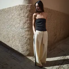 MANGO - Pantalón Lino Rayas Contraste Mujer