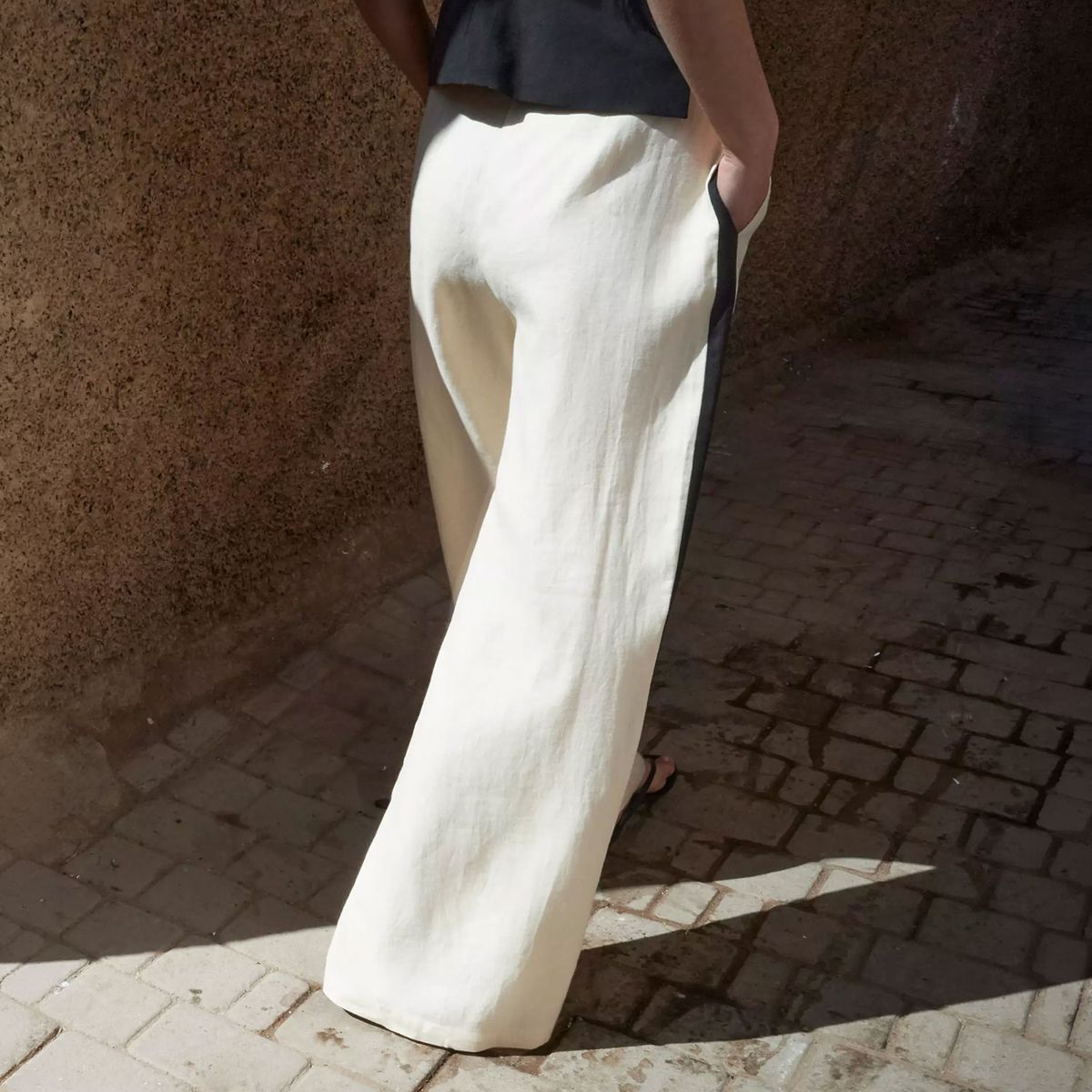 MANGO - Pantalón Lino Rayas Contraste Mujer Mango