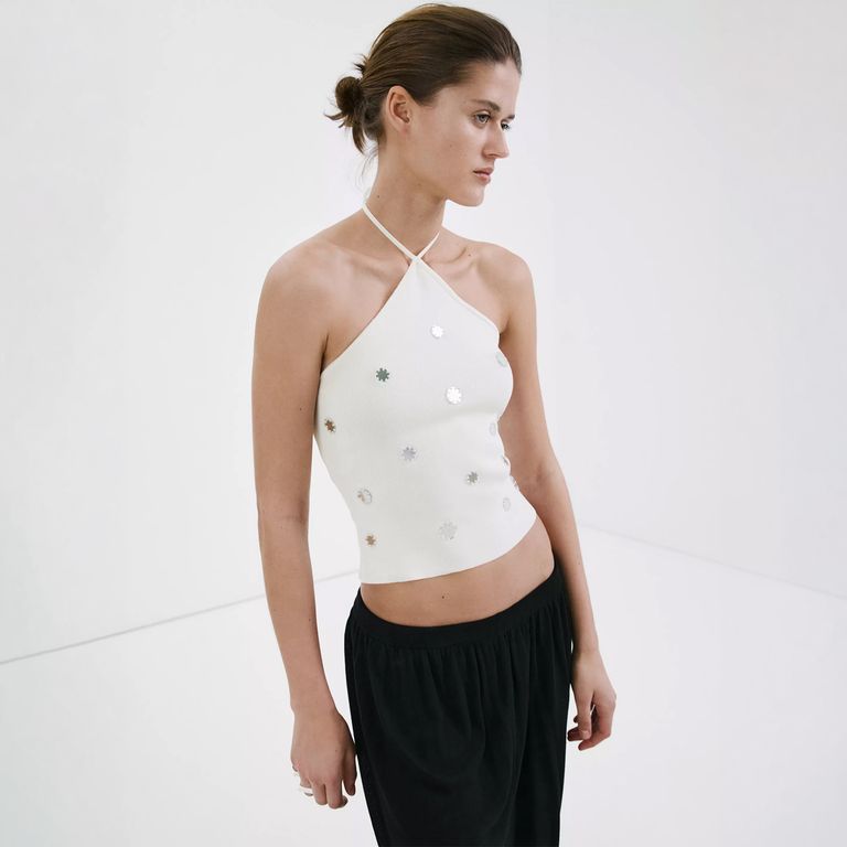 Polera Halter Apliques Metálicos Mujer