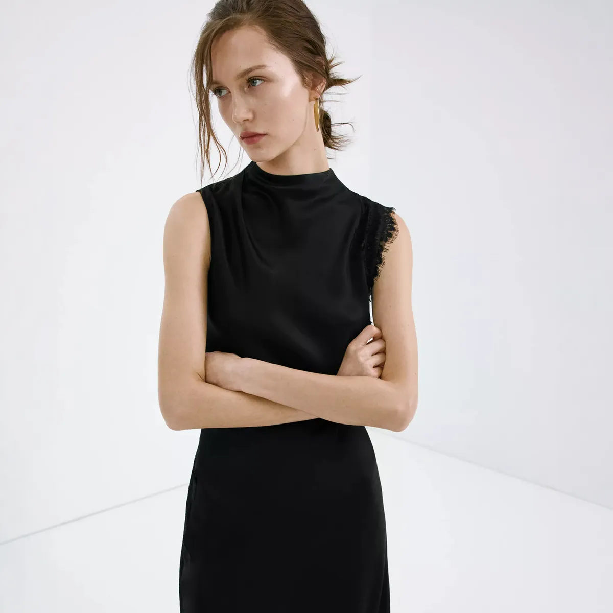 MANGO - Vestido Largo Satinado Detalles Encaje Mujer Mango
